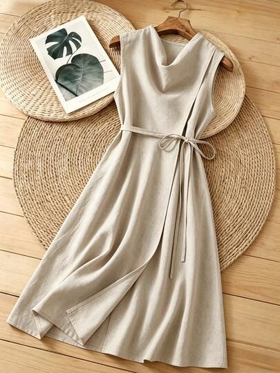 Franclia Women's Elegant Sleeveless Draped Neck Cinched Waist Dress,Light Beige Summer Casual Graceful Commute Dress Suitable For Tea Party,Beach Holiday