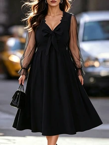 Elenzga Plus Size Women's Mesh Patchwork Casual Party Dress - Black - View 3