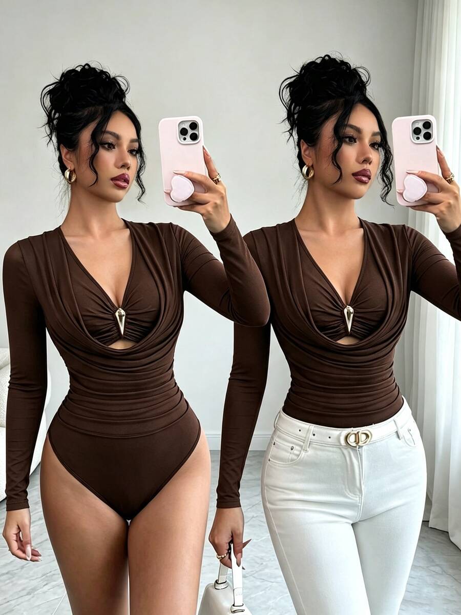 Elenzga Jumpsuit Wanita Terbaru Warna Cokelat dengan Lapisan Dalam Logam Berongga, Cocok untuk Perjalanan, Kencan, Pesta, dan Tampilan Seksi Dewasa - Coklat - View 1