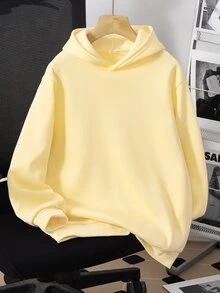 SHEIN 青少年女孩春季休閒可愛熱帶街頭風蝴蝶珍珠印花連帽衛衣，適合街頭穿搭與度假，淡黃色 - 黃色 - 查看 3
