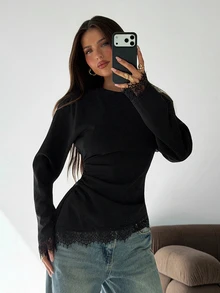 Aloruh 女款優雅圓領蕾絲拼接黑色通勤百搭長袖T恤上衣，萬聖節外出上衣，黑色上衣，秋季服飾 - 黑色 - 查看 6