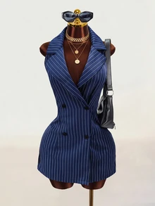 Zolique Women's Halter Neck Navy Blue And White Blazer Dress Sleeveless Double-Breasted Cinched Waist Bodycon Business Casual Mini Teachers' Day Summer - Navy Blue - View 2