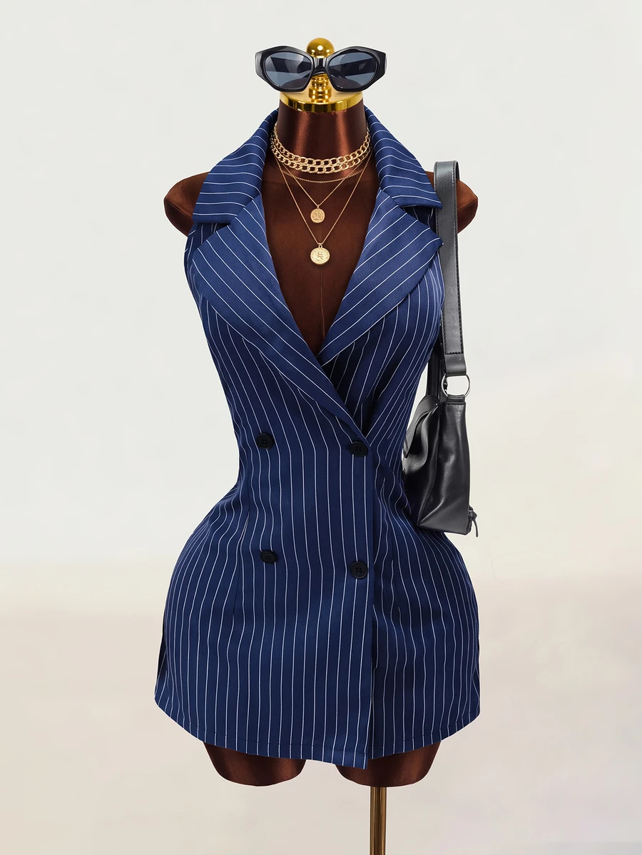 Zolique Women's Halter Neck Navy Blue And White Blazer Dress Sleeveless Double-Breasted Cinched Waist Bodycon Business Casual Mini Teachers' Day Summer