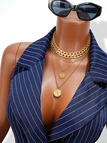 Zolique Women's Halter Neck Navy Blue And White Blazer Dress Sleeveless Double-Breasted Cinched Waist Bodycon Business Casual Mini Teachers' Day Summer - Navy Blue - View 9