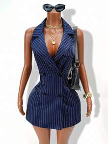 Zolique Women's Halter Neck Navy Blue And White Blazer Dress Sleeveless Double-Breasted Cinched Waist Bodycon Business Casual Mini Teachers' Day Summer - Navy Blue - View 3