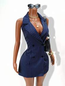 Zolique Women's Halter Neck Navy Blue And White Blazer Dress Sleeveless Double-Breasted Cinched Waist Bodycon Business Casual Mini Teachers' Day Summer - Navy Blue - View 8