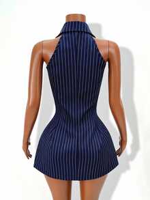 Zolique Women's Halter Neck Navy Blue And White Blazer Dress Sleeveless Double-Breasted Cinched Waist Bodycon Business Casual Mini Teachers' Day Summer - Navy Blue - View 5