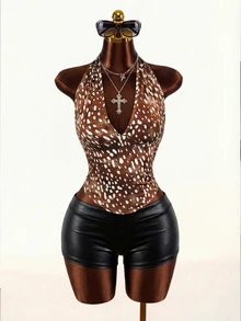 Zolique Women's Brown Summer 70s Night Out Party Halter Neck Tank Top,Deer Spot Cheetah Leopard Print Rhinestone Necklace Vacation Boho Casual Tops,Club - Brown - View 3