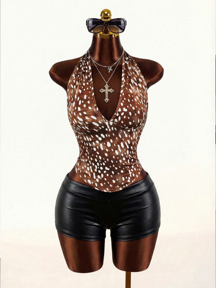 Zolique Women's Brown Summer 70s Night Out Party Halter Neck Tank Top,Deer Spot Cheetah Leopard Print Rhinestone Necklace Vacation Boho Casual Tops,Club - Brown - View 3