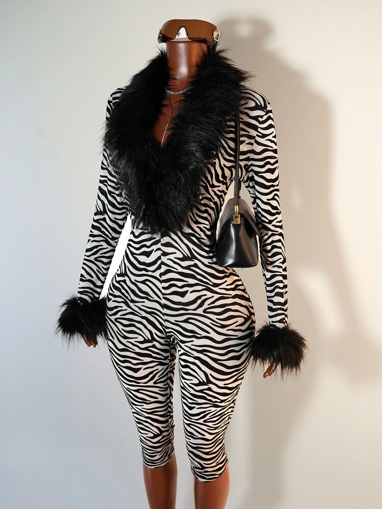 Zolique Casual Zebra Print Fitted Long Sleeve Fuzzy Trim Women Jumpsuits Fall Cloth For Women - Black and White - View 3