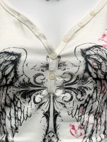 Bitrose Women's Sheer Printed V-Neck Half-Placket Short Sleeve T-Shirt - White - View 4
