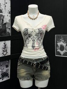 Bitrose Women's Sheer Printed V-Neck Half-Placket Short Sleeve T-Shirt - White - View 6