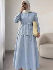 Solavon Women's Solid Color Pleated Single-Breasted Long Sleeve Top And Skirt Casual 2-Piece Set - Blue - View 2