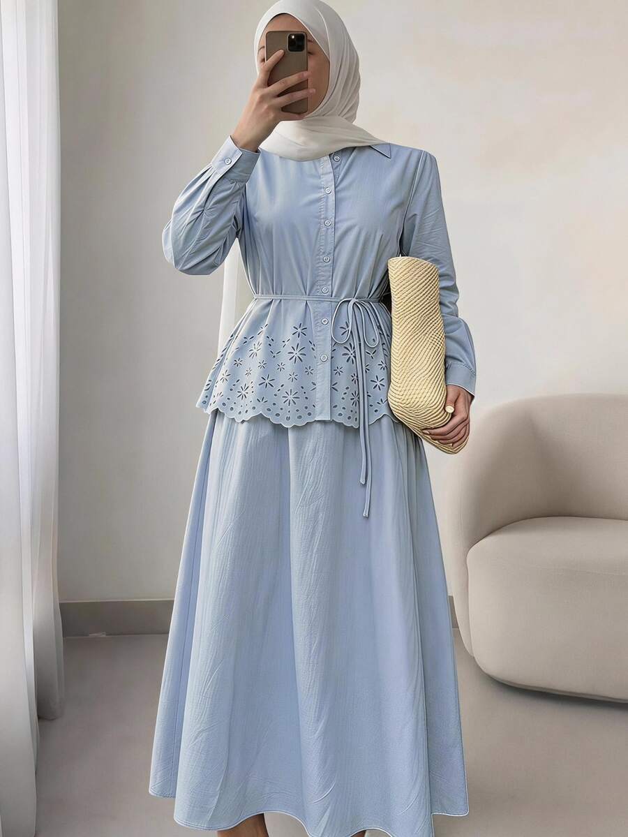 Solavon Women's Solid Color Pleated Single-Breasted Long Sleeve Top And Skirt Casual 2-Piece Set