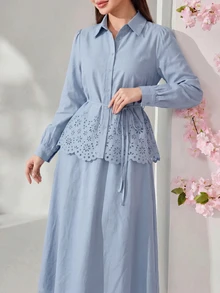 Solavon Women's Solid Color Pleated Single-Breasted Long Sleeve Top And Skirt Casual 2-Piece Set - Blue - View 4