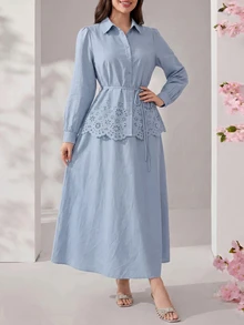 Solavon Women's Solid Color Pleated Single-Breasted Long Sleeve Top And Skirt Casual 2-Piece Set - Blue - View 5