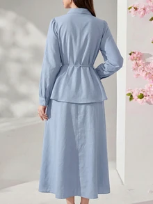 Solavon Women's Solid Color Pleated Single-Breasted Long Sleeve Top And Skirt Casual 2-Piece Set - Blue - View 9