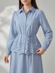 Solavon Women's Solid Color Pleated Single-Breasted Long Sleeve Top And Skirt Casual 2-Piece Set - Blue - View 8