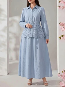 Solavon Women's Solid Color Pleated Single-Breasted Long Sleeve Top And Skirt Casual 2-Piece Set - Blue - View 6