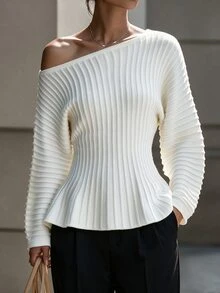 SHEIN Women's Elegant French Asymmetrical Shoulder Waist-Cinching A-Line Pullover Sweater Office Brunch White Autumn - Beige - View 1