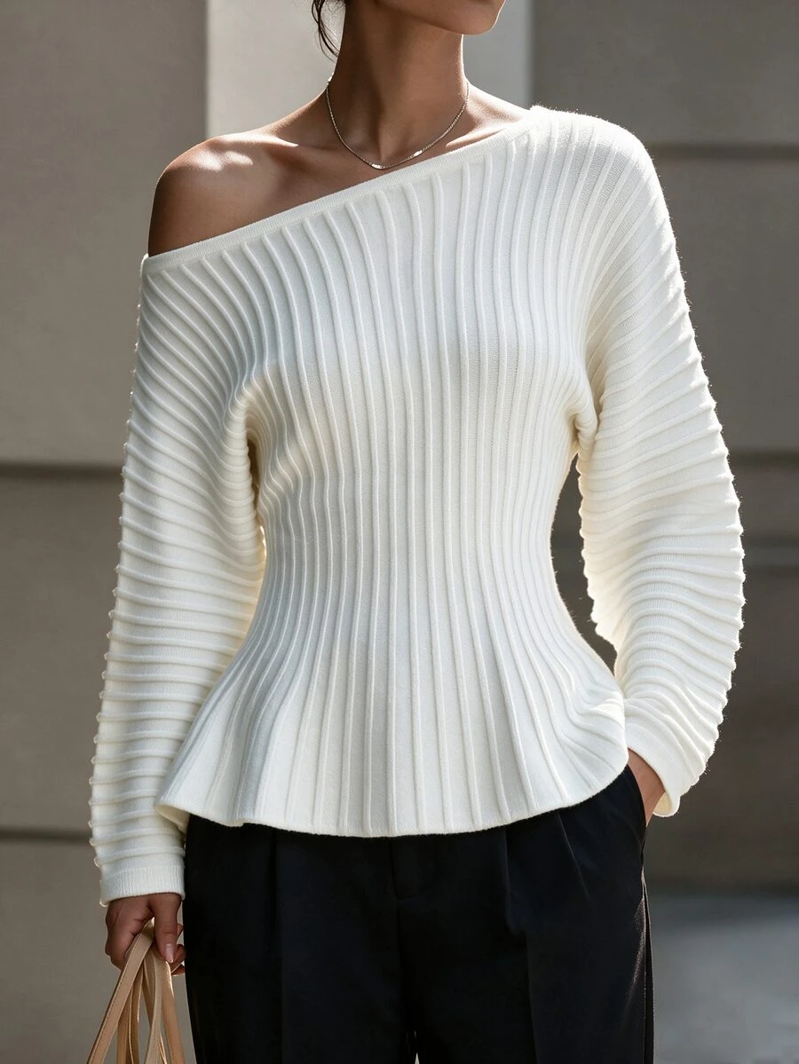 SHEIN Women's Elegant French Asymmetrical Shoulder Waist-Cinching A-Line Pullover Sweater Office Brunch White Autumn - Beige - View 1