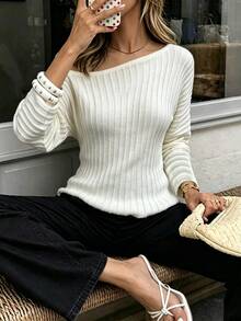 SHEIN Women's Elegant French Asymmetrical Shoulder Waist-Cinching A-Line Pullover Sweater Office Brunch White Autumn - Beige - View 5