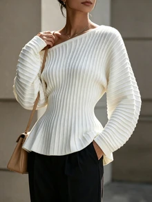 SHEIN Women's Elegant French Asymmetrical Shoulder Waist-Cinching A-Line Pullover Sweater Office Brunch White Autumn - Beige - View 3