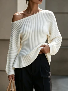 SHEIN Women's Elegant French Asymmetrical Shoulder Waist-Cinching A-Line Pullover Sweater Office Brunch White Autumn - Beige - View 4