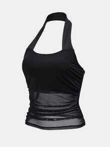 Slayform Slayform Mesh Patchwork Backless Halter Neck Sports Tank Top - Black - View 4