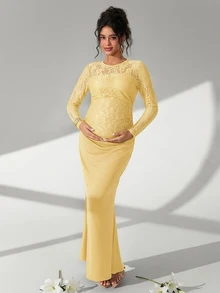 Cheriluna Maternity 纯色蕾丝长袖荷叶边鱼尾孕妇摄影连衣裙 - 黃色 - 查看 7