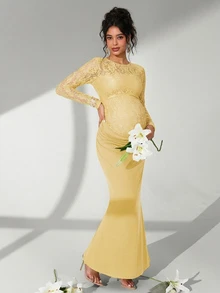 Cheriluna Maternity 纯色蕾丝长袖荷叶边鱼尾孕妇摄影连衣裙 - 黃色 - 查看 6