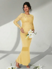 Cheriluna Maternity 纯色蕾丝长袖荷叶边鱼尾孕妇摄影连衣裙 - 黃色 - 查看 2