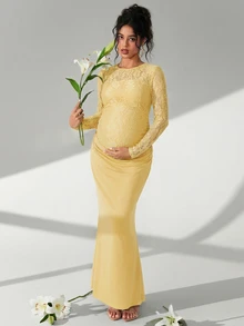 Cheriluna Maternity 纯色蕾丝长袖荷叶边鱼尾孕妇摄影连衣裙 - 黃色 - 查看 4