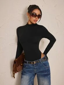 SHEIN PETITE Women's Solid Color Stand Collar Long Sleeve Casual Bodysuit - Black - View 6