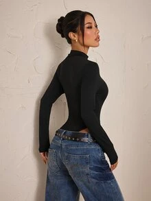 SHEIN PETITE Women's Solid Color Stand Collar Long Sleeve Casual Bodysuit - Black - View 2