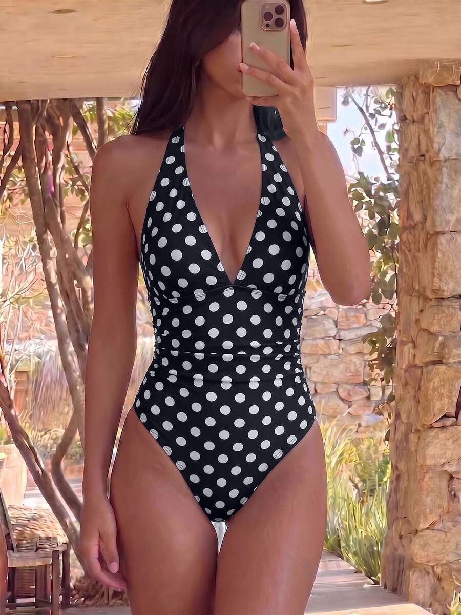 Sunnyshic 夏季女款復古時尚黑白波點掛脖深V收腹連身泳衣,適合海灘度假與泳池戲水 - 黑與白 - 查看 1