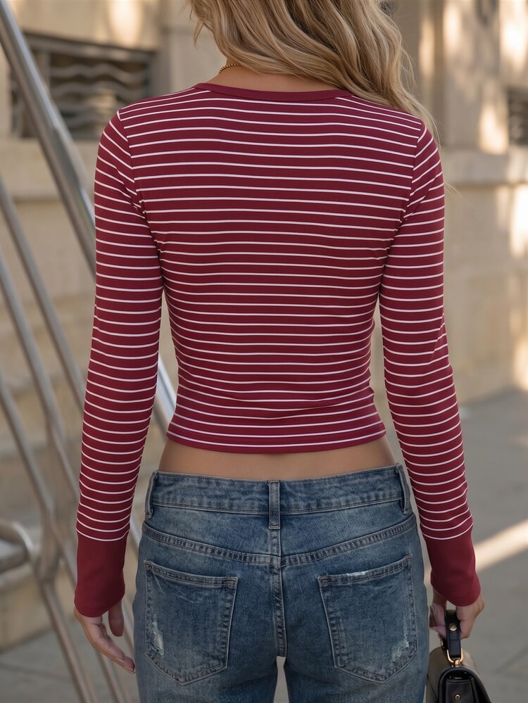 IslaSuriya Women's 2000s Preppy Style Red Retro Striped V-Neck Long-Sleeved T-Shirt, Stretchy Slim Fit Basic Base Layer. - Multicolor - View 2