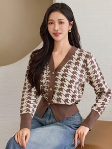 Wynsel 女款全印花休閒百搭日常開襟衫 - 棕色 - 查看 2