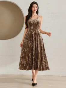Wynsel Elegant Waist-Flattering A-Line Midi Dress For Women - Brown - View 1