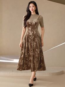 Wynsel Elegant Waist-Flattering A-Line Midi Dress For Women - Brown - View 6