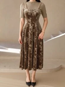 Wynsel Elegant Waist-Flattering A-Line Midi Dress For Women - Brown - View 8