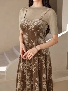 Wynsel Elegant Waist-Flattering A-Line Midi Dress For Women - Brown - View 2