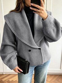 Vionelle Plus Size Women's Plus Size Lapel Loose Long Sleeve Cardigan Sweater, Suitable For Autumn/Winter Daily Wear - Grey - View 1
