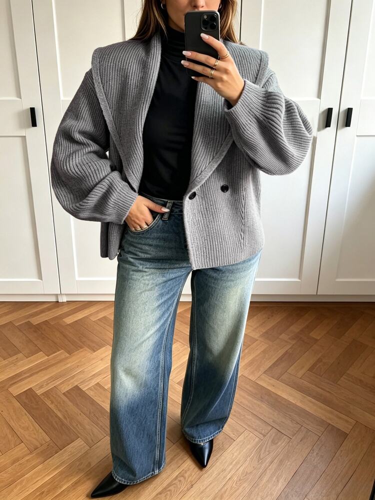 Vionelle Plus Size Women's Plus Size Lapel Loose Long Sleeve Cardigan Sweater, Suitable For Autumn/Winter Daily Wear - Grey - View 4