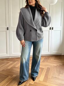 Vionelle Plus Size Women's Plus Size Lapel Loose Long Sleeve Cardigan Sweater, Suitable For Autumn/Winter Daily Wear - Grey - View 3