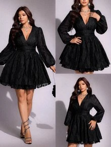 Viva Relle Plus Size Fashion Elegant Double Layer Cake Skirt Evening Dress Fall - Black - View 2