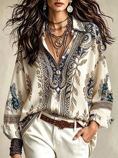 Glimmora Women's Summer Vintage Patchwork Pattern Print Shirt