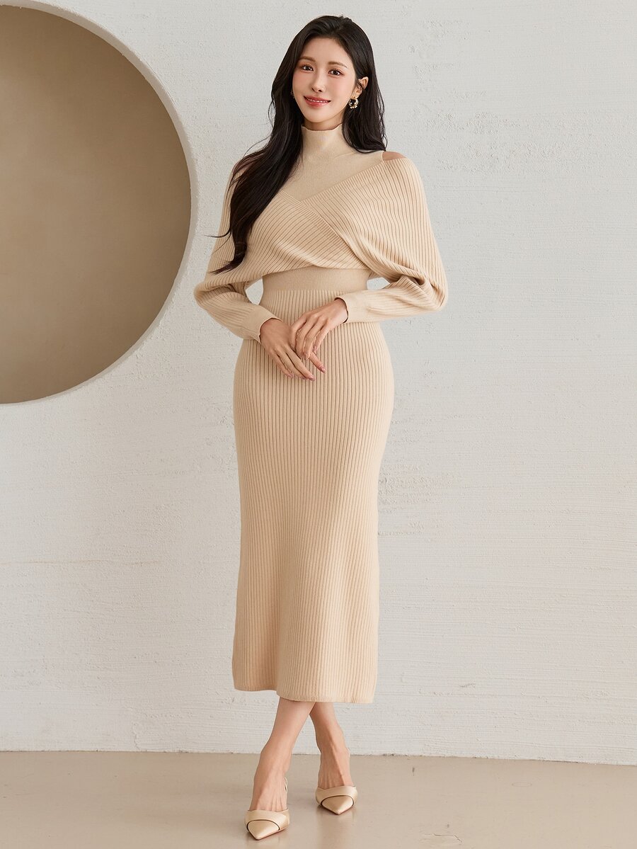 Wynsel Women's Solid Color Casual Daily Knit Dress - Apricot - View 1
