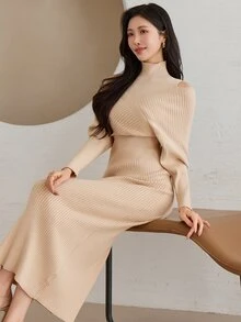Wynsel 女款素色休閒日常針織洋裝 - 杏色 - 查看 7