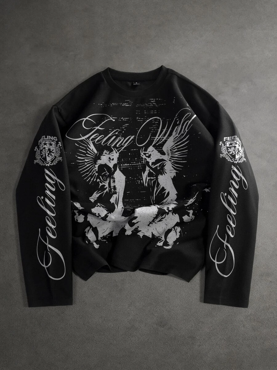 SLATEMANN Men's Letter Angel Print Crew Neck Long Sleeve Casual T-Shirt - Black - View 1